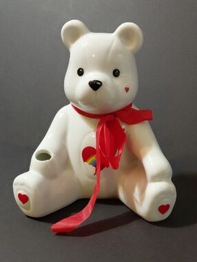 Vintage White Ceramic Teddy Bear Coin Bank with Rainbow Heart & Pen Holder